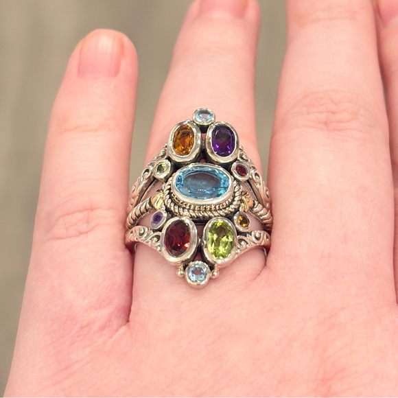 Sterling 18K Large Gemstone Ring, Bali Style Filigree Size 8.5 Rainbow Multigem - Picture 4 of 17